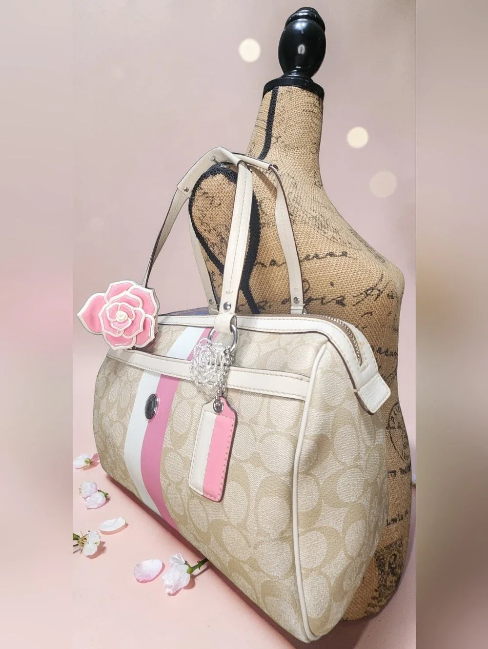 Coach Beige Signature Satchel with Pink and White Stripes
